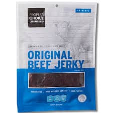 Original beef jerky package from PEOPLE'S CHOICE with bold blue and white design.