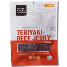 PEOPLE'S CHOICE Teriyaki Beef Jerky 3oz. package with branding and product info.