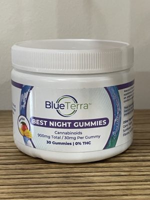 Blue Terra Best Night Gummies container with label details.