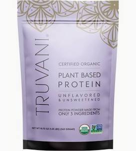 Unflavored organic plant-based protein powder from Truvani in a resealable pouch.