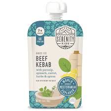 Healthy Roots Serenity Kids Baby Food Beef Kebab with vegetables and spices.