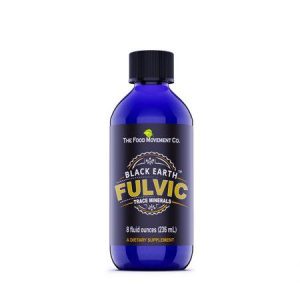 Blue bottle of Black Earth Fulvic Trace Minerals dietary supplement.
