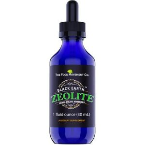 Blue glass bottle of Black Earth Zeolite supplement with dropper cap.