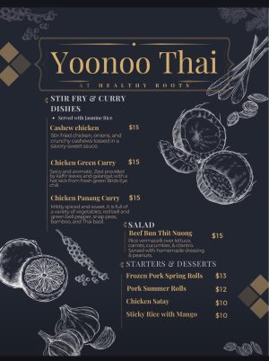 Yoonoo Thai summer rolls with shrimp and fresh herbs on a blackboard menu.