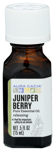 Juniper Berry essential oil in a small amber glass bottle with white cap.