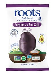 Healthy Roots PURPLES with Sea Salt potato chips, 5oz bag, gluten-free, non-GMO, vegan snack.