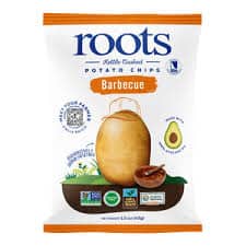 Healthy Roots barbecue potato chips in a 1.5oz bag with avocado and bacon images.