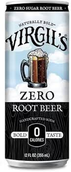 Virgil's Zero Root Beer can with bold branding and handcrafted soda label.
