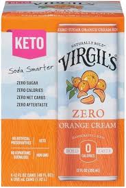 Virgil's Zero Orange Cream soda in a 4-12oz case, sugar-free and zero calories.