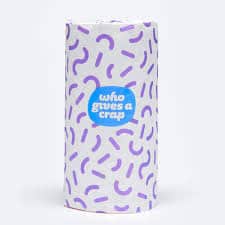 Eco-friendly bamboo paper towels with purple squiggle pattern and blue logo.