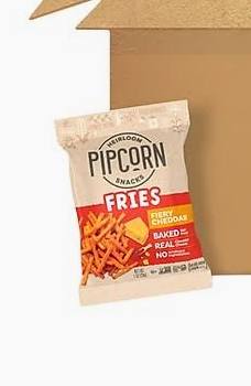 Pipcorn Fiery Cheddar Fries snack in a beige bag with red label.