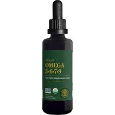 Vegan Omega 3-6-9 supplement in a black dropper bottle with green label.