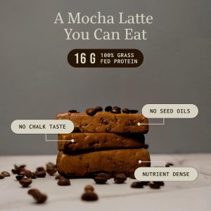 Healthy Roots Mocha Latte snack with coffee beans and cookie.