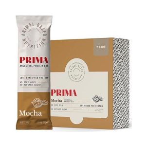 PRIMA Mocha Grass Fed Protein Bar with natural ingredients and no added sugar.