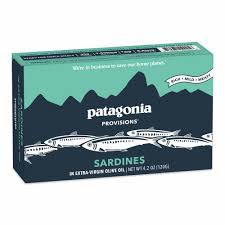Patagonia Sardines in Olive Oil box on a white background.