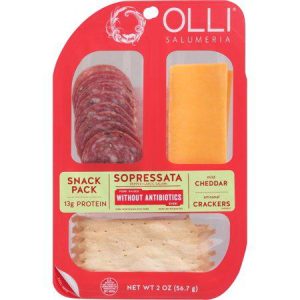 Olli Salumeria snack pack with sopressata, cheddar, and crackers.