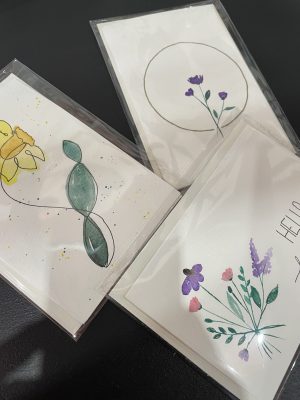 Set of watercolor floral cards in clear plastic sleeves for greeting or decoration.