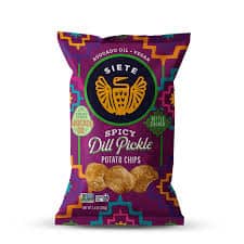 Spicy Dill Pickle Siete Chips in colorful bag for healthy snacking.
