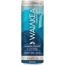 Waiakea Hawaii Blend coffee latte can with vanilla flavor, 11oz size, vibrant blue design.