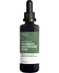 Black bottle of Ultimate Methylene Blue supplement with dropper cap.
