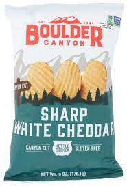 Boulder Canyon Sharp White Cheddar potato chips in a bag for healthy snacking.