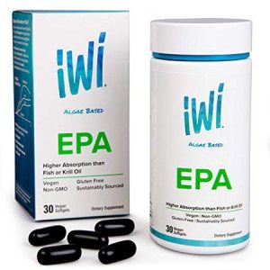 IWi algae-based EPA supplement bottle with black softgels and packaging.