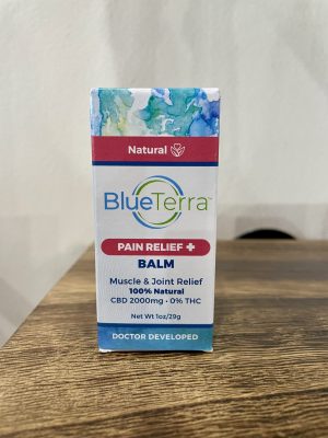 Blue Terra pain relief balm stick for muscle and joint relief, 1oz size.