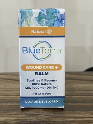 Blue Terra wound care balm box with natural ingredients and CBD for skin healing.