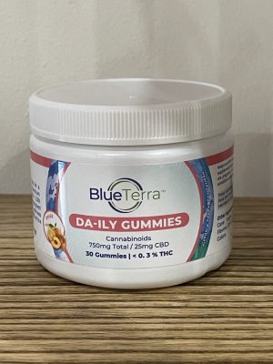 Blue Terra DA-ILY Gummies container with CBD and cannabinoids.