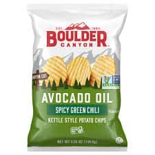 Boulder Canyon Avocado Oil Chips with Spicy Green Chili flavor.