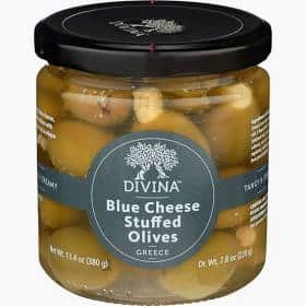 Divina Blue Cheese Stuffed Olives in glass jar, Greek specialty.