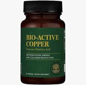 Bottle of Bio-Active Copper supplement for detox and collagen support.