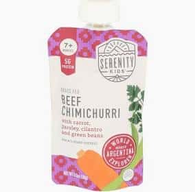 Serenity Kids Baby Food Beef Chimichurri pouch with green beans and carrots.