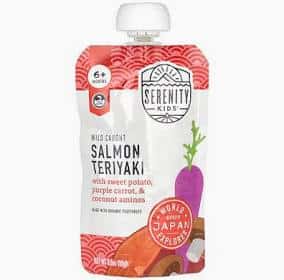 Healthy Roots Serenity Kids Salmon Teriyaki baby food pouch with sweet potato and coconut aminos.