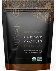 Truvani Organic Chocolate Plant-Based Protein Powder package with certification logos.