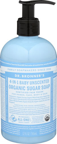 Organic baby soap in a blue pump bottle with label details.
