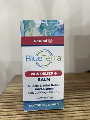 Blue Terra CBD pain relief balm for muscle and joint relief, 2000mg CBD, natural ingredients.