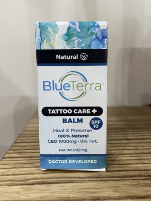 Blue Terra Tattoo Care Balm with CBD, SPF 10, 1oz, natural healing.