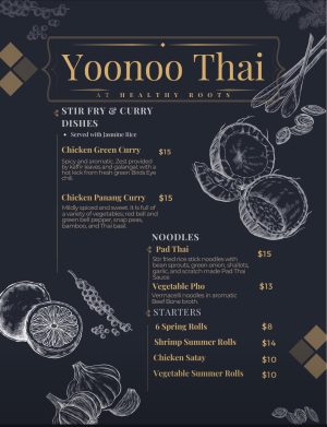 Yoonoo Thai restaurant menu with chicken green curry and noodle dishes.