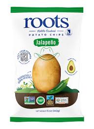 Healthy Roots Jalapeno Potato Chips bag with potato and jalapeno image.