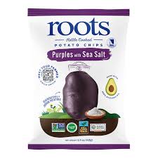 Healthy Roots purple potato chips with sea salt, 1.5oz package, gluten-free and non-GMO.