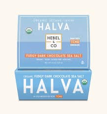 Organic Halva Fudge with dark chocolate and sea salt, healthy roots branding.