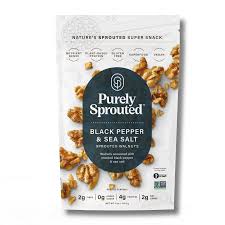 Healthy Roots sprouted walnuts with black pepper and sea salt in a package.