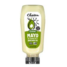 Chosen Foods avocado oil mayo squeeze bottle on a white background.