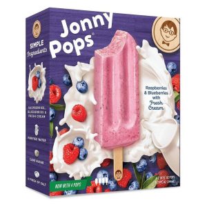 Frozen fruit bar with raspberries and blueberries on a stick.