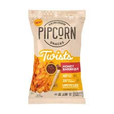Pipcorn Honey Barbecue Twists snack bag with honey flavor and twists design.