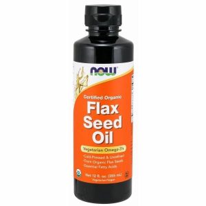 Organic flax seed oil bottle for health and wellness.