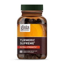 GAIA Turmeric Supreme Extra Strength supplement bottle with capsules.