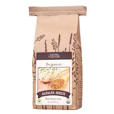 Organic Alfalfa Seeds in a brown paper bag for sprouting and salads.