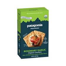 Organic Rosemary Garlic Crackers in green and blue packaging.